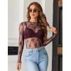 imageHOTOUCH Womens Mesh Sheer Tops Long Sleeve Layering Top Mock Neck See Through Floral Lace Shirt BlouseBurgundy