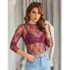 imageHOTOUCH Womens Mesh Sheer Tops Long Sleeve Layering Top Mock Neck See Through Floral Lace Shirt BlouseHot Pink