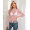 imageHOTOUCH Womens Mesh Sheer Tops Long Sleeve Layering Top Mock Neck See Through Floral Lace Shirt BlousePink