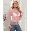 imageHOTOUCH Womens Mesh Sheer Tops Long Sleeve Layering Top Mock Neck See Through Floral Lace Shirt BlousePink