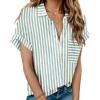 imageHOTOUCH Linen Cotton Womens Short Sleeve Shirts V Neck Collared Button Down Blouse Tops S3XLStripe Light Green