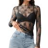 imageHOTOUCH Womens Mesh Sheer Tops Long Sleeve Layering Top Mock Neck See Through Floral Lace Shirt BlouseBlack