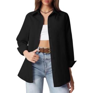 imageHOTOUCH Button Down Shirt Women Casual Blouse Office Boyfriend Long Sleeve TopsA01black