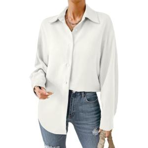 imageHOTOUCH Button Down Shirt Women Casual Blouse Office Boyfriend Long Sleeve TopsA01white