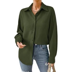 imageHOTOUCH Button Down Shirt Women Casual Blouse Office Boyfriend Long Sleeve TopsArmy Green