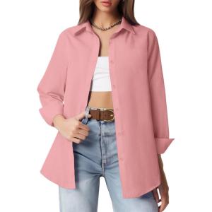 imageHOTOUCH Button Down Shirt Women Casual Blouse Office Boyfriend Long Sleeve TopsFuchsia