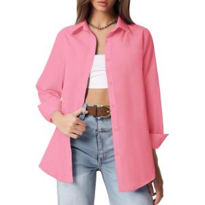imageHOTOUCH Button Down Shirt Women Casual Blouse Office Boyfriend Long Sleeve TopsHot Pink