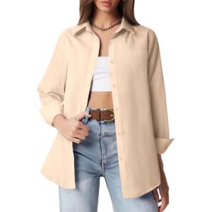 imageHOTOUCH Button Down Shirt Women Casual Blouse Office Boyfriend Long Sleeve TopsKhaki