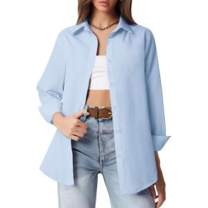 imageHOTOUCH Button Down Shirt Women Casual Blouse Office Boyfriend Long Sleeve TopsLight Blue