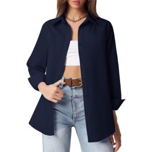 imageHOTOUCH Button Down Shirt Women Casual Blouse Office Boyfriend Long Sleeve TopsNavy