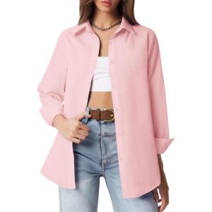 imageHOTOUCH Button Down Shirt Women Casual Blouse Office Boyfriend Long Sleeve TopsPink