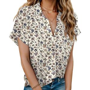imageHOTOUCH Linen Cotton Womens Short Sleeve Shirts V Neck Collared Button Down Blouse Tops S3XLA01floral Cream