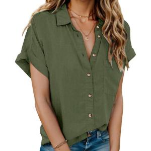 imageHOTOUCH Linen Cotton Womens Short Sleeve Shirts V Neck Collared Button Down Blouse Tops S3XLArmy Green