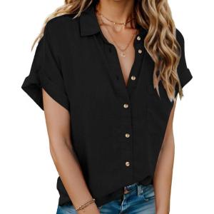 imageHOTOUCH Linen Cotton Womens Short Sleeve Shirts V Neck Collared Button Down Blouse Tops S3XLBlack