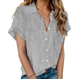 imageHOTOUCH Linen Cotton Womens Short Sleeve Shirts V Neck Collared Button Down Blouse Tops S3XLBlack Stripe