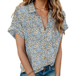 imageHOTOUCH Linen Cotton Womens Short Sleeve Shirts V Neck Collared Button Down Blouse Tops S3XLFloral Blue