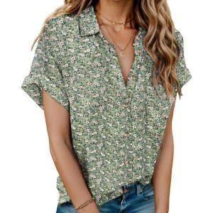 imageHOTOUCH Linen Cotton Womens Short Sleeve Shirts V Neck Collared Button Down Blouse Tops S3XLFloral Green