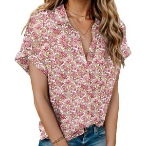 imageHOTOUCH Linen Cotton Womens Short Sleeve Shirts V Neck Collared Button Down Blouse Tops S3XLFloral Pink
