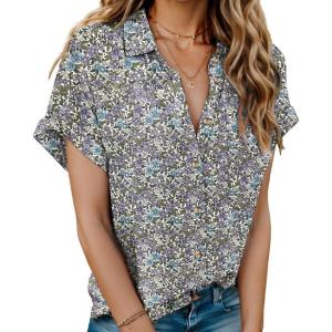 imageHOTOUCH Linen Cotton Womens Short Sleeve Shirts V Neck Collared Button Down Blouse Tops S3XLFloral Purple