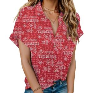 imageHOTOUCH Linen Cotton Womens Short Sleeve Shirts V Neck Collared Button Down Blouse Tops S3XLFloral Red