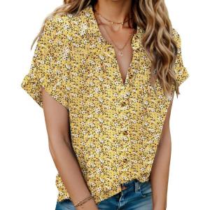 imageHOTOUCH Linen Cotton Womens Short Sleeve Shirts V Neck Collared Button Down Blouse Tops S3XLFloral Yellow