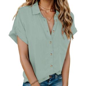 imageHOTOUCH Linen Cotton Womens Short Sleeve Shirts V Neck Collared Button Down Blouse Tops S3XLLight Green