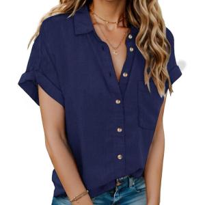 imageHOTOUCH Linen Cotton Womens Short Sleeve Shirts V Neck Collared Button Down Blouse Tops S3XLNavy Blue