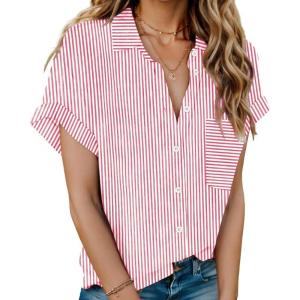 imageHOTOUCH Linen Cotton Womens Short Sleeve Shirts V Neck Collared Button Down Blouse Tops S3XLPink Stripe