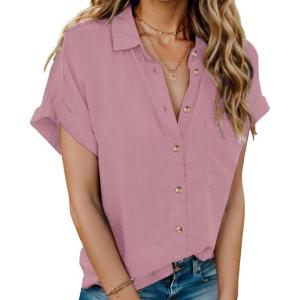 imageHOTOUCH Linen Cotton Womens Short Sleeve Shirts V Neck Collared Button Down Blouse Tops S3XLRusty Rose