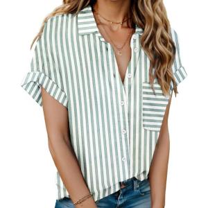 imageHOTOUCH Linen Cotton Womens Short Sleeve Shirts V Neck Collared Button Down Blouse Tops S3XLStripe Light Green