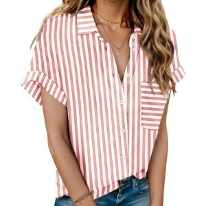 imageHOTOUCH Linen Cotton Womens Short Sleeve Shirts V Neck Collared Button Down Blouse Tops S3XLStripe Peach