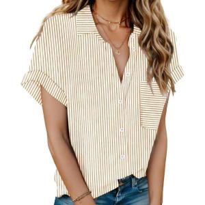 imageHOTOUCH Linen Cotton Womens Short Sleeve Shirts V Neck Collared Button Down Blouse Tops S3XLStriped Beige