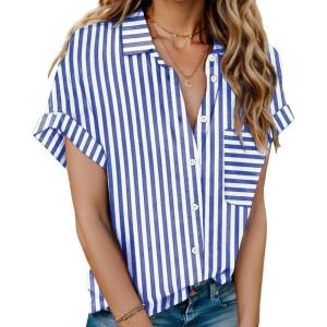 imageHOTOUCH Linen Cotton Womens Short Sleeve Shirts V Neck Collared Button Down Blouse Tops S3XLStriped Blue White
