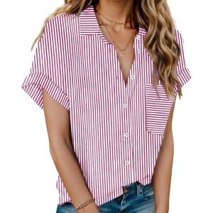 imageHOTOUCH Linen Cotton Womens Short Sleeve Shirts V Neck Collared Button Down Blouse Tops S3XLStriped Hot Pink
