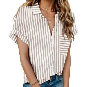 imageHOTOUCH Linen Cotton Womens Short Sleeve Shirts V Neck Collared Button Down Blouse Tops S3XLStriped Khaki