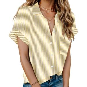 imageHOTOUCH Linen Cotton Womens Short Sleeve Shirts V Neck Collared Button Down Blouse Tops S3XLStriped Yellow