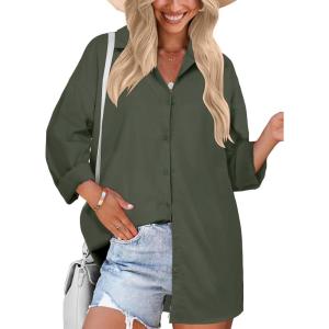 imageHOTOUCH Women Oversized Button Down Shirts Boyfriend Long Sleeve Blouse Collared TopsGreen