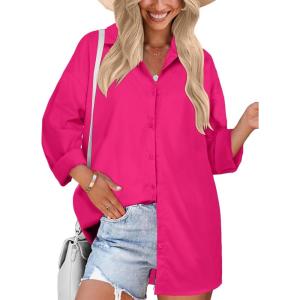 imageHOTOUCH Women Oversized Button Down Shirts Boyfriend Long Sleeve Blouse Collared TopsHot Pink