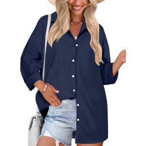 imageHOTOUCH Women Oversized Button Down Shirts Boyfriend Long Sleeve Blouse Collared TopsNavy
