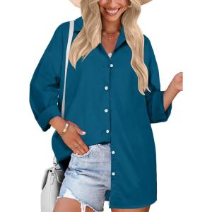 imageHOTOUCH Women Oversized Button Down Shirts Boyfriend Long Sleeve Blouse Collared TopsTeal Blue