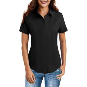 imageHOTOUCH Women Short Sleeve Button Down Shirts Business Work Fitted Collared Blouse Office Basic 2025 Summer Tops S2XLAblack