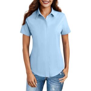 imageHOTOUCH Women Short Sleeve Button Down Shirts Business Work Fitted Collared Blouse Office Basic 2025 Summer Tops S2XLLight Blue