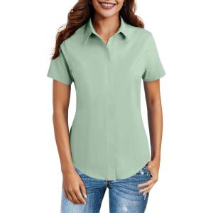imageHOTOUCH Women Short Sleeve Button Down Shirts Business Work Fitted Collared Blouse Office Basic 2025 Summer Tops S2XLLight Green