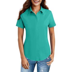 imageHOTOUCH Women Short Sleeve Button Down Shirts Business Work Fitted Collared Blouse Office Basic 2025 Summer Tops S2XLMint Green