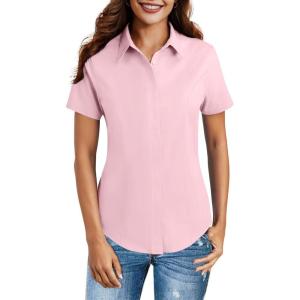 imageHOTOUCH Women Short Sleeve Button Down Shirts Business Work Fitted Collared Blouse Office Basic 2025 Summer Tops S2XLPink