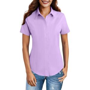 imageHOTOUCH Women Short Sleeve Button Down Shirts Business Work Fitted Collared Blouse Office Basic 2025 Summer Tops S2XLPurple