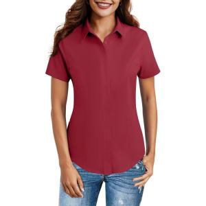 imageHOTOUCH Women Short Sleeve Button Down Shirts Business Work Fitted Collared Blouse Office Basic 2025 Summer Tops S2XLWine Red