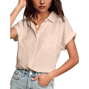 imageHOTOUCH Women Waterproof Button Down Shirt Solid Work Business Blouse StainResistant Short Sleeve TopsChampagne