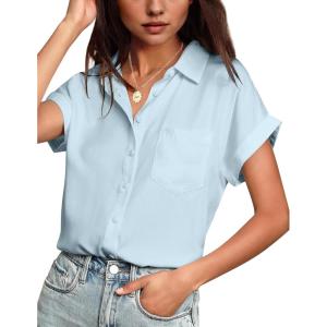imageHOTOUCH Women Waterproof Button Down Shirt Solid Work Business Blouse StainResistant Short Sleeve TopsLight Blue