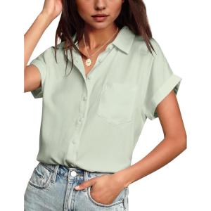 imageHOTOUCH Women Waterproof Button Down Shirt Solid Work Business Blouse StainResistant Short Sleeve TopsLight Green